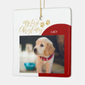 Red & Gold Pet Welpe Erstes Weihnachtsfest Foto Keramikornament (Links)