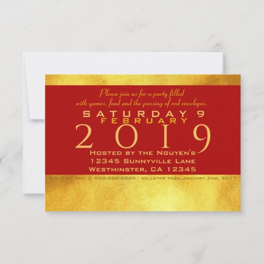 REd Gold Pig Papercut 2019 Party Einladung (Rückseite)