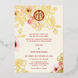 Red Gold  Pink Cherry Blossom Chinese Wedding Folieneinladung
