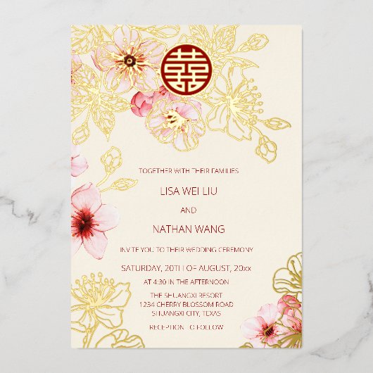 Red Gold  Pink Cherry Blossom Chinese Wedding Folieneinladung (Vorderseite)