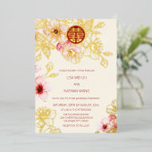 Red Gold  Pink Cherry Blossom Chinese Wedding Folieneinladung (Stehend vorne)