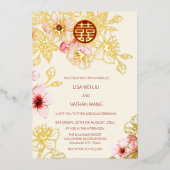 Red Gold Pink Cherry Blossom Chinesische Hochzeit Folieneinladung (Vorderseite)