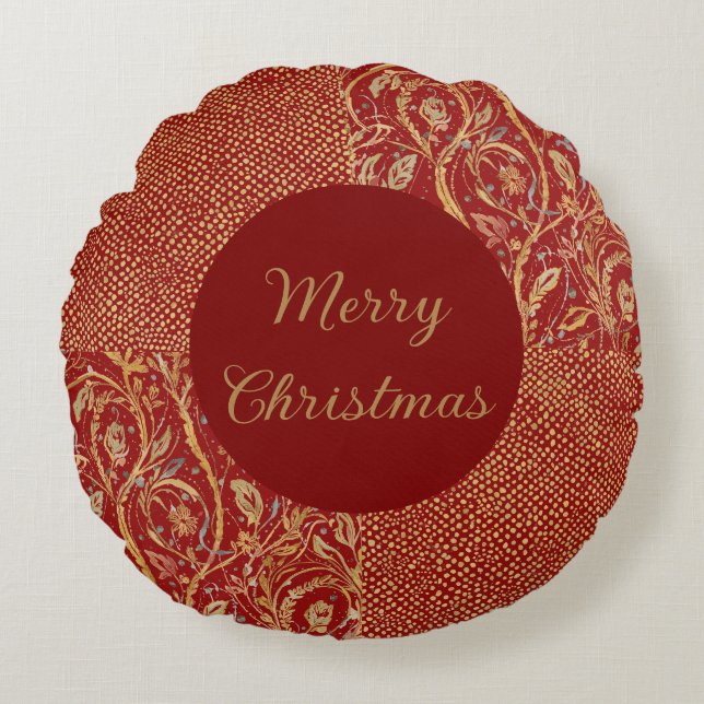 Red Gold Pixels and Flowers, Gold Merry Christmas Rundes Kissen (Vorderseite)