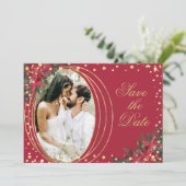 Red Gold Poinsettia Foto Weihnachtsfeier Save The Date (Stehend Vorderseite)