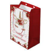 Red & Gold Poinsettia Unicorn Gesicht Frohe Weihna Mittlere Geschenktüte (Rückseite Schrägansicht)