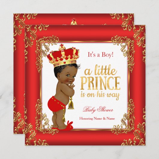 Red Gold Prince Baby Dusche Damask Ethnic Boy Einladung (Vorne/Hinten)