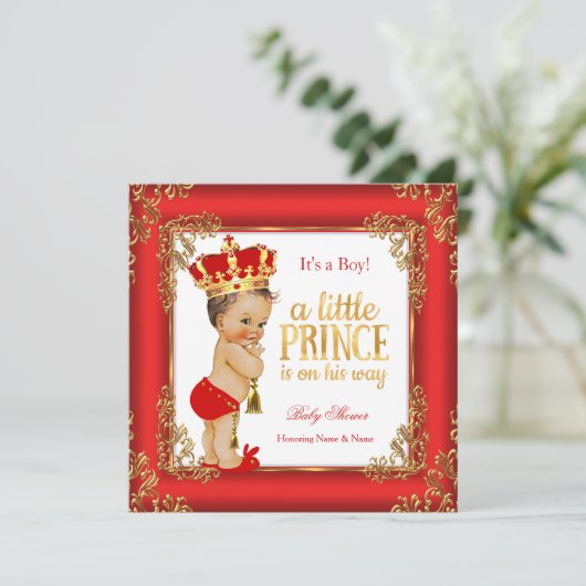 Red Gold Prince Babydusche Damask Brünetter Junge Einladung (Stehend Vorderseite)