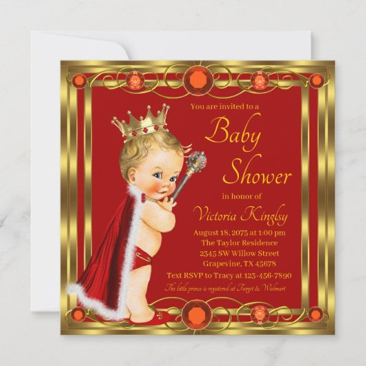 Red Gold Prince Jewel Baby Dusche Einladung (Vorderseite)