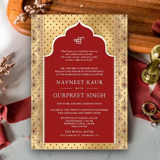 Red Gold QR Code Anand Karaj Sikh Wedding Einladung