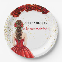 Red & Gold Quinceañera Custom Paper Plate Pappteller