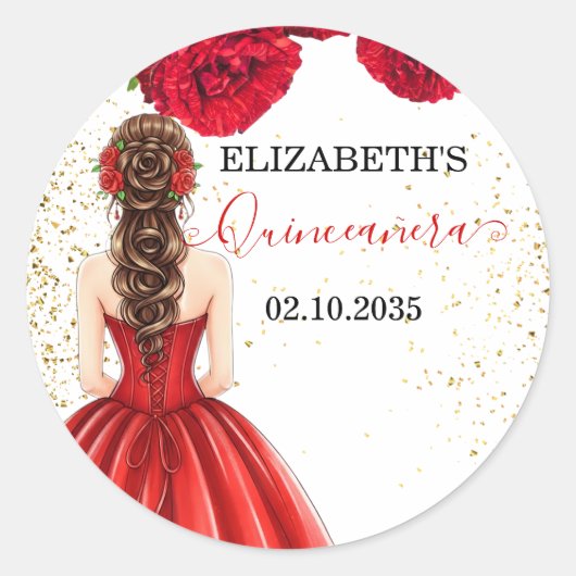Red & Gold Quinceañera Custom Round Sticker (Vorderseite)