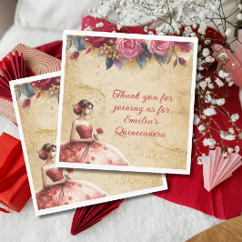 Red Gold Quinceañera Dress Event Partyware Serviette