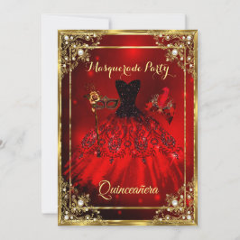Red Gold Quinceanera Dress Masquerade Party Einladung