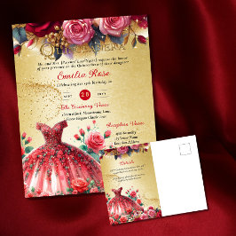 Red Gold Quinceanera Dress Zeremonie Empfang Postkarte
