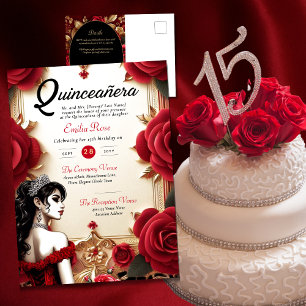 Red Gold Quinceanera Dress Zeremonie Empfang Postkarte
