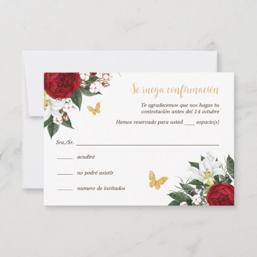 Red Gold Quinceañera RSVP Card auf Spanisch Einladung (Vorderseite)