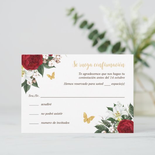 Red Gold Quinceañera RSVP Card auf Spanisch Einladung (Stehend Vorderseite)