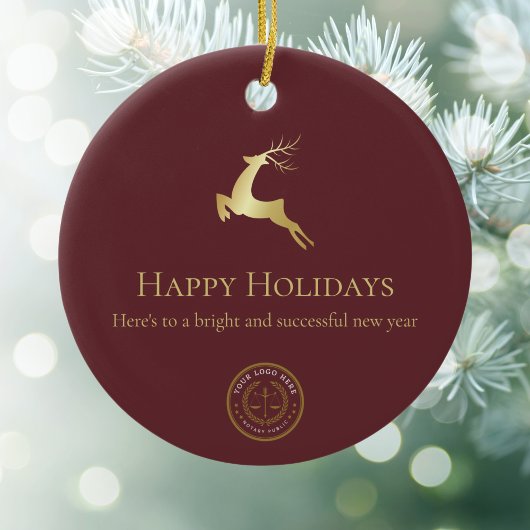 Red Gold Reindeer Happy Holidays Business-Logo Keramik Ornament