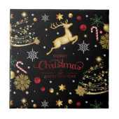 Red Gold Rentier Frohe Weihnachtsbaum Fliese (Vorderseite)