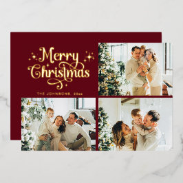 Red & Gold Retro Christmas Family Photo Collage Folien Feiertagskarte