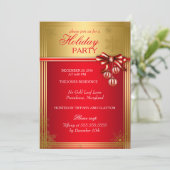 Red Gold Ribbon Bauble Weihnachtsfeiertag Einladun Einladung (Stehend Vorderseite)