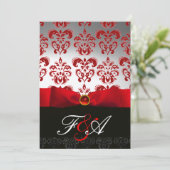 RED GOLD RIBBON & BLACK DAMASK MONOGRAMM Ruby Einladung (Stehend Vorderseite)
