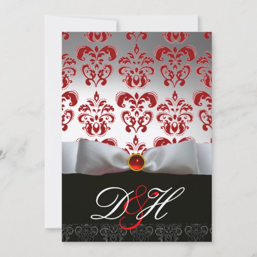 RED GOLD RIBBON & BLACK DAMASK MONOGRAMM Ruby Einladung (Vorderseite)