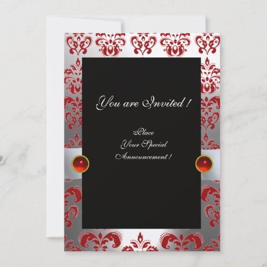RED GOLD RIBBON & BLACK DAMASK MONOGRAMM Ruby Einladung (Rückseite)