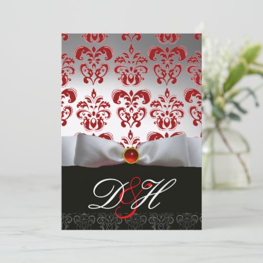 RED GOLD RIBBON & BLACK DAMASK MONOGRAMM Ruby Einladung (Stehend Vorderseite)