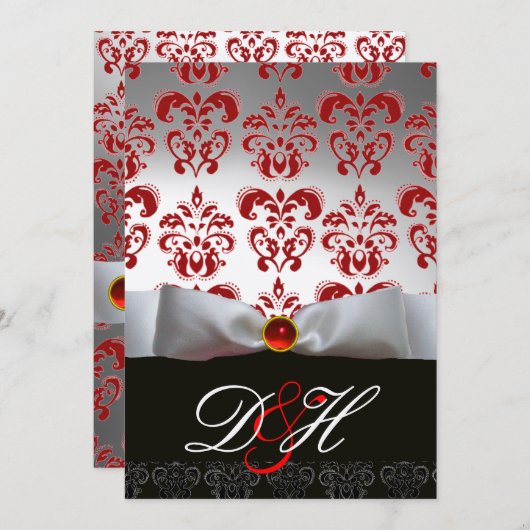 RED GOLD RIBBON & BLACK DAMASK MONOGRAMM Ruby Einladung (Vorne/Hinten)