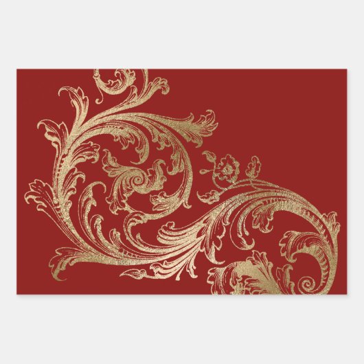 Red Gold Rokoko Baroque Swirl Geschenkpapier Set (Vorderseite 2)