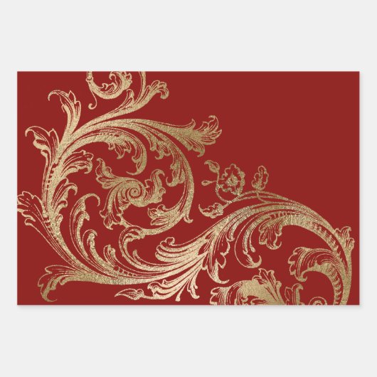 Red Gold Rokoko Baroque Swirl Geschenkpapier Set (Vorderseite)