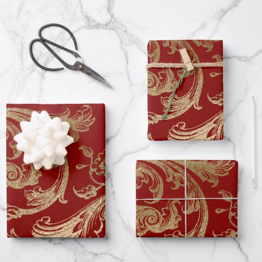 Red Gold Rokoko Baroque Swirl Geschenkpapier Set (Vorderseite)