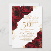 Red Gold Rose 50. Geburtstag Einladung (Vorderseite)