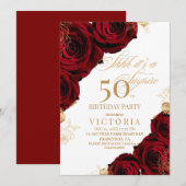 Red Gold Rose 50. Geburtstag Einladung (Vorne/Hinten)