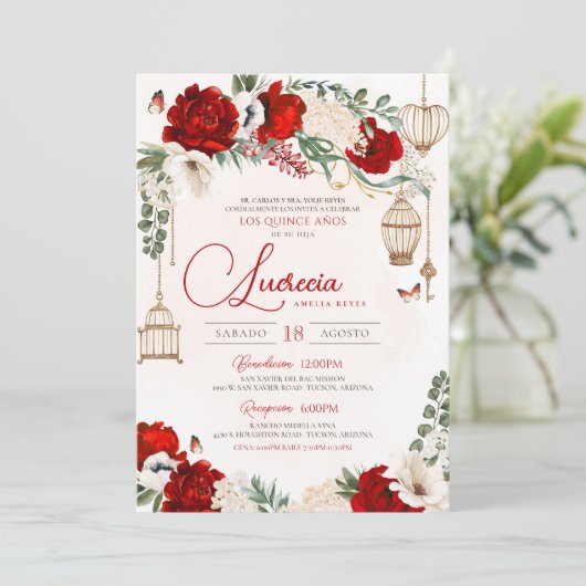 Red Gold Rose Butterfly Flora Elegantes Quinceañer Einladung (Stehend Vorderseite)