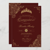 Red & Gold Rose Elegante Quinceñera Einladung (Vorne/Hinten)