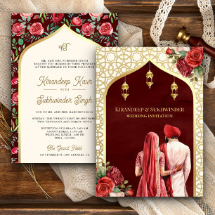 Red Gold Rose Floral Anand Karaj Sikh Wedding Einladung