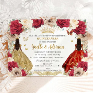 Red Gold Rose Floral Twins Quinceañera 15 XV Einladung