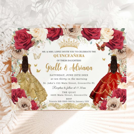 Red Gold Rose Floral Twins Quinceañera 15 XV Einladung