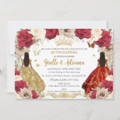 Red Gold Rose Floral Twins Quinceañera 15 XV Einladung (Vorderseite)