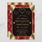 Red & Gold Rose Muster & Goldene Herzen Hochzeiten Einladung (Vorne/Hinten)