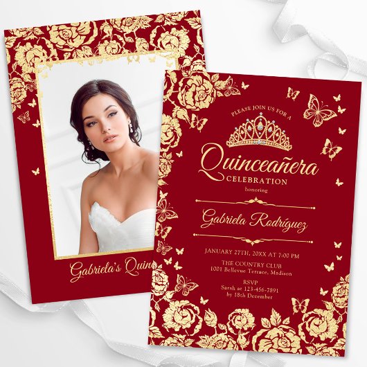Red Gold Rose Schmetterlinge Quinceanera Foto Einladung