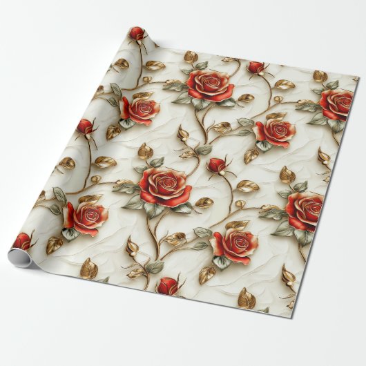 Red Gold Rose Vintag Geschenkpapier (Ungerollt)