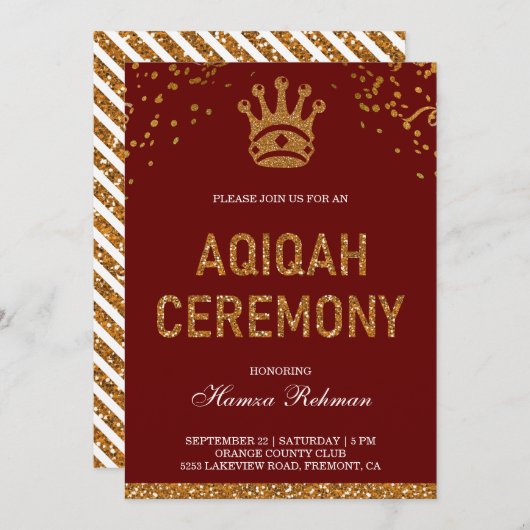 Red Gold Royal Crown Prince Aqiqah Einladung (Vorne/Hinten)