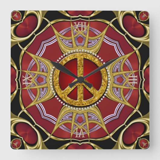 Red Gold Royal Peace Love Clock Quadratische Wanduhr (Vorderseite)