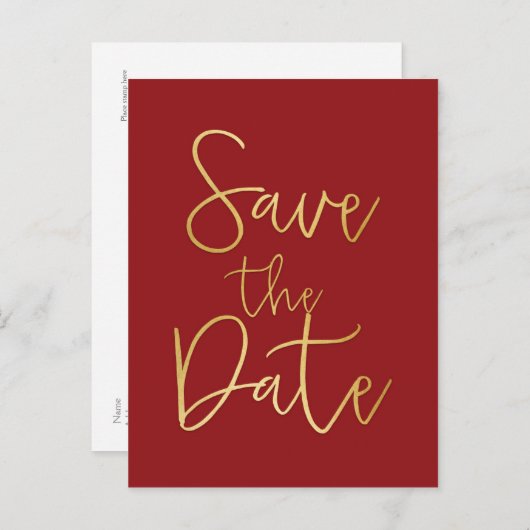 Red & Gold SAVE THE DATE Moderne Script Postcard Ankündigungspostkarte (Vorne/Hinten)