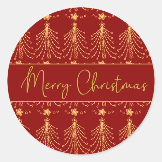 Red & Gold Script Christmas Tree Lights Pattern Cl Runder Aufkleber (Vorderseite)