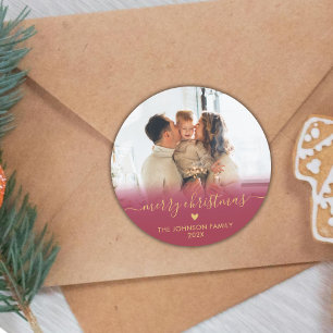 Red Gold Script Family Foto Frohe Weihnachten Cl Runder Aufkleber