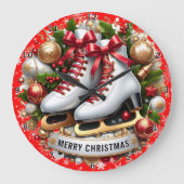 Red Gold Skates Merry Christmas Große Wanduhr (Vorderseite)